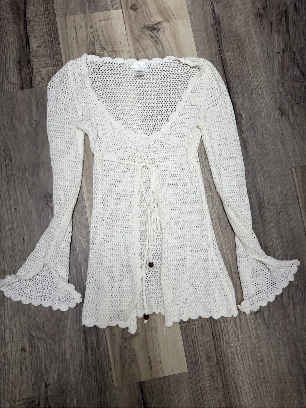 Altar'd State Cream Crochet Tie-Waist Bell Sleeve Coverup